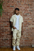 Men's Luka Leather Short Sleeve Shirt And Cargo Pants Set [Beige]