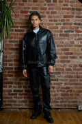 Men's Half-Zip Pullover Set With Leather Stack Pants [Black]