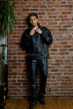 Men's Half-Zip Pullover Set With Leather Stack Pants [Black]