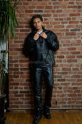 Men's Half-Zip Pullover Set With Leather Stack Pants [Black]
