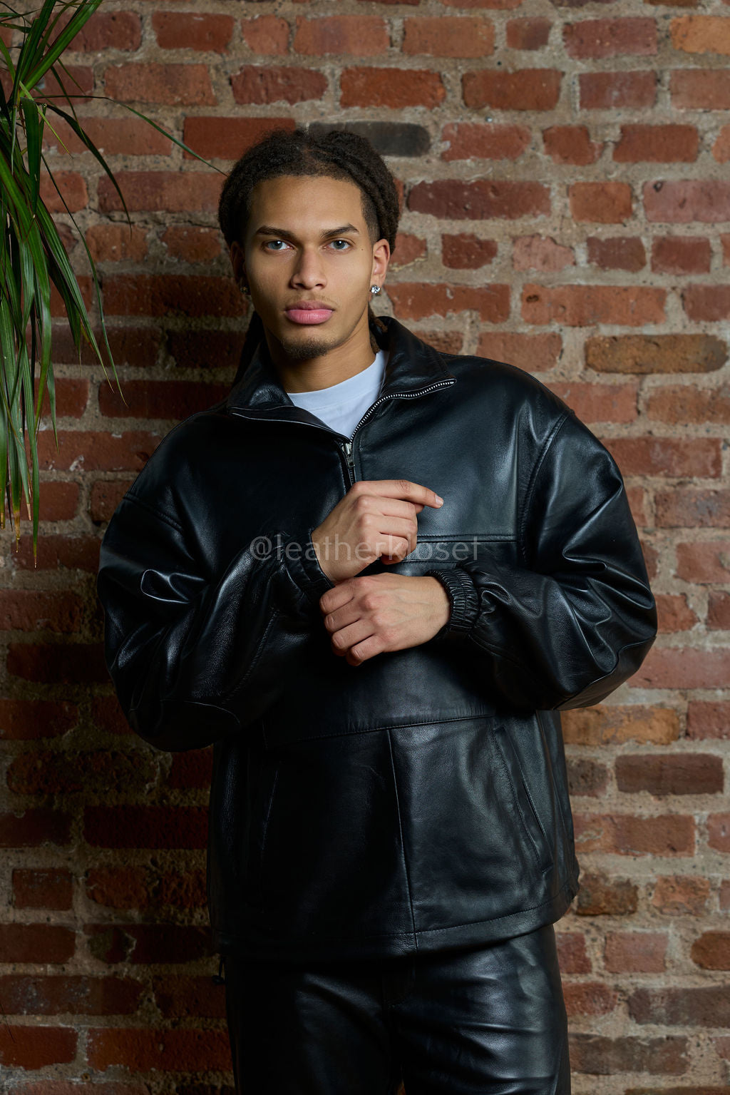Men's Half-Zip Pullover Set With Leather Stack Pants [Black]