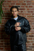 Men's Half-Zip Pullover Set With Leather Stack Pants [Black]