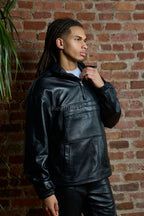 Men's Half-Zip Pullover Set With Leather Stack Pants [Black]
