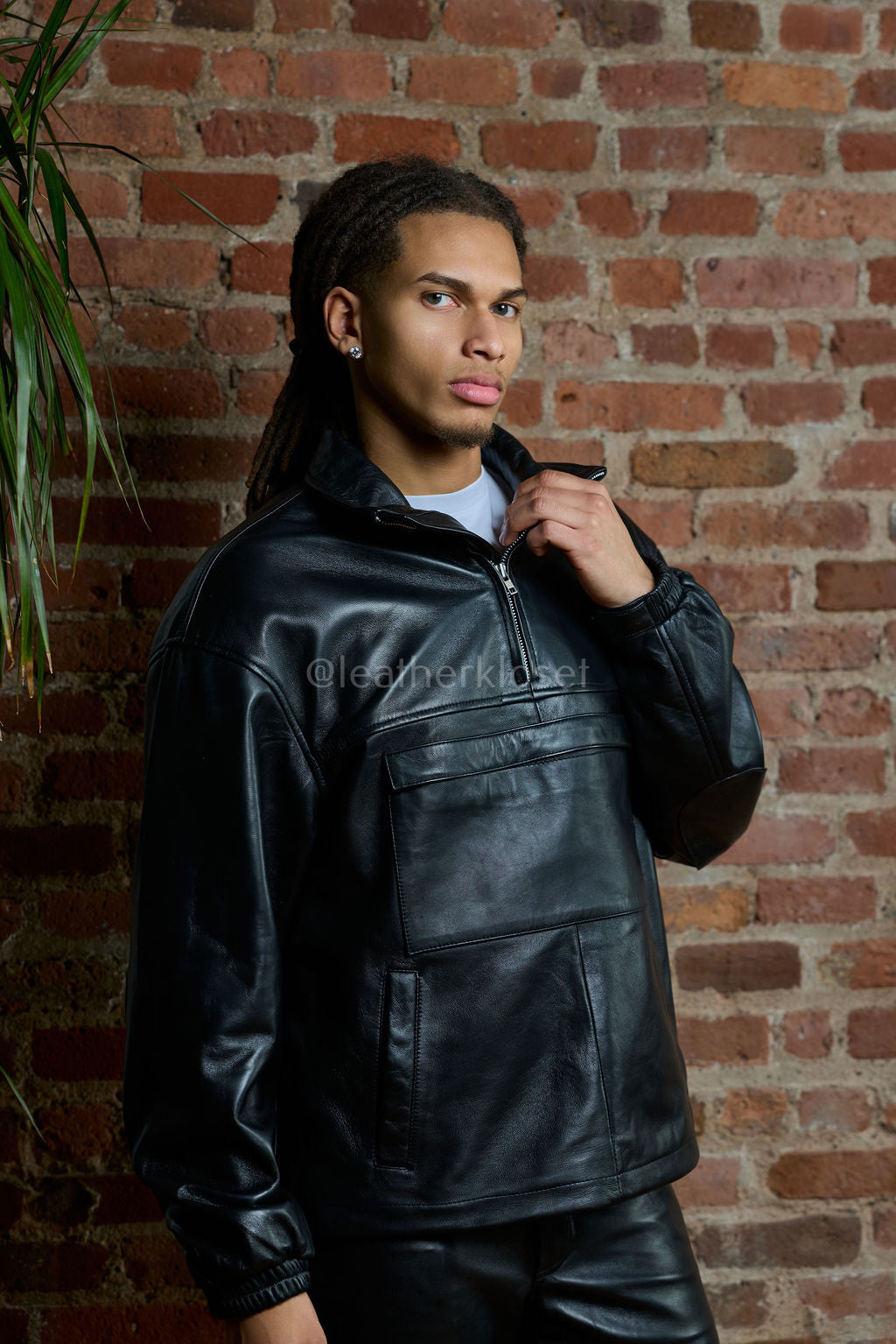 Men's Half-Zip Pullover Set With Leather Stack Pants [Black]