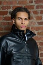 Men's Half-Zip Pullover Set With Leather Stack Pants [Black]
