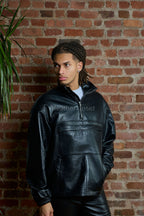 Men's Half-Zip Pullover Set With Leather Stack Pants [Black]