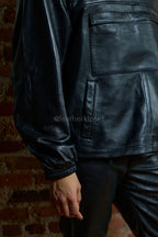 Men's Half-Zip Pullover Set With Leather Stack Pants [Black]