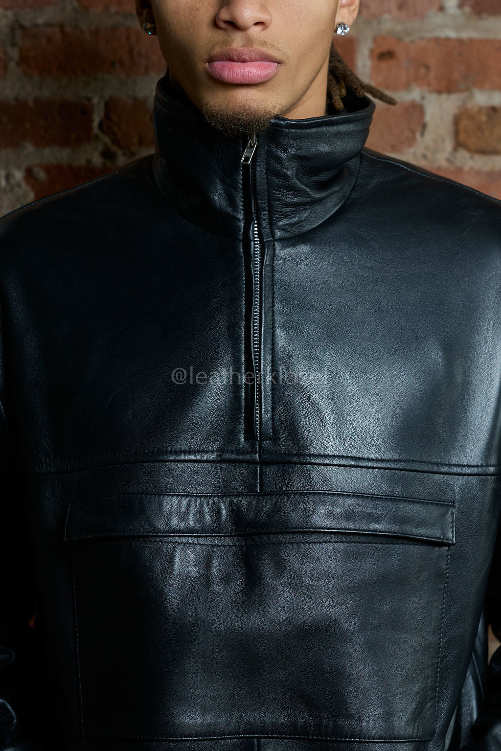Men's Half-Zip Pullover Set With Leather Stack Pants [Black]