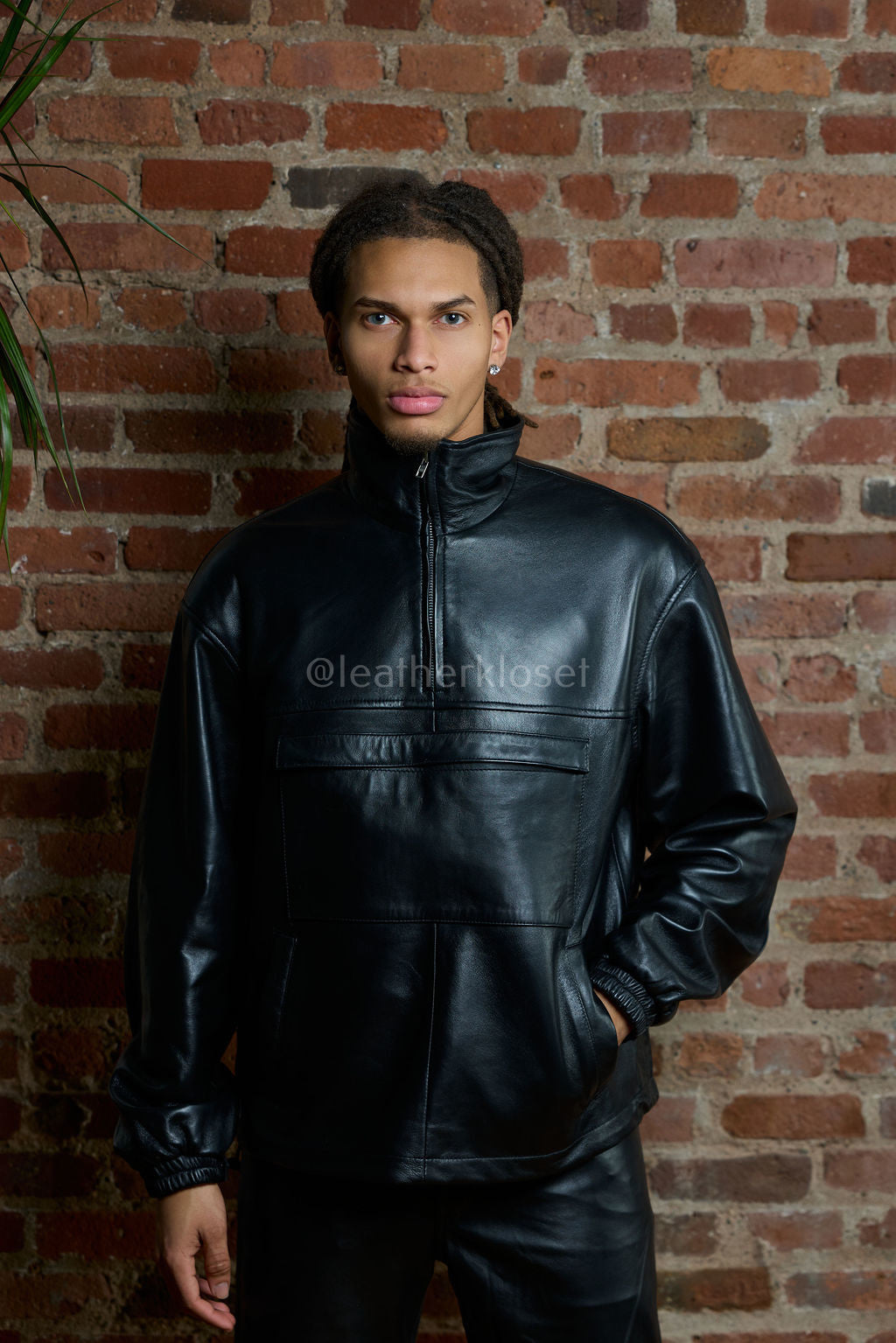 Men's Half-Zip Pullover Set With Leather Stack Pants [Black]