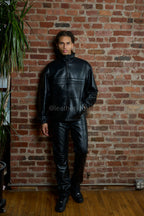 Men's Half-Zip Pullover Set With Leather Stack Pants [Black]