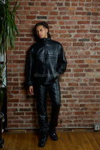 Men's Half-Zip Pullover Set With Leather Stack Pants [Black]