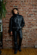 Men's Half-Zip Pullover Set With Leather Stack Pants [Black]