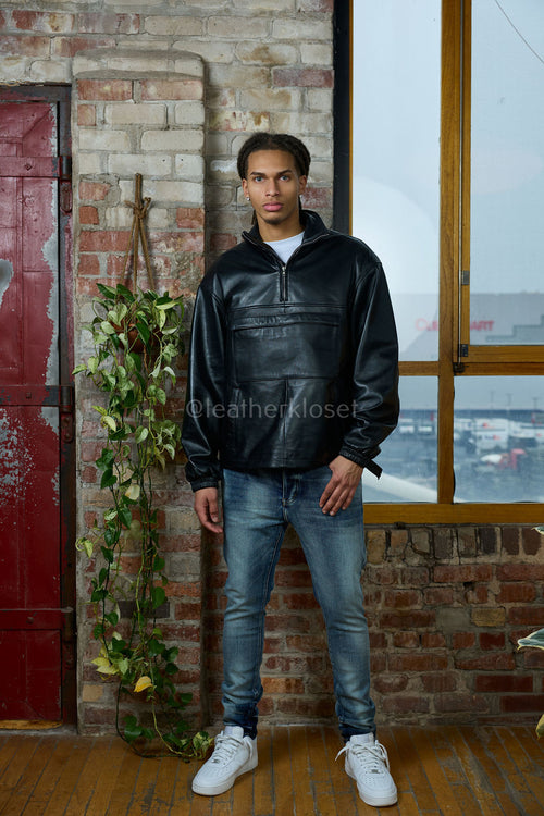 Men's Leather Half-Zip Pullover [Black]
