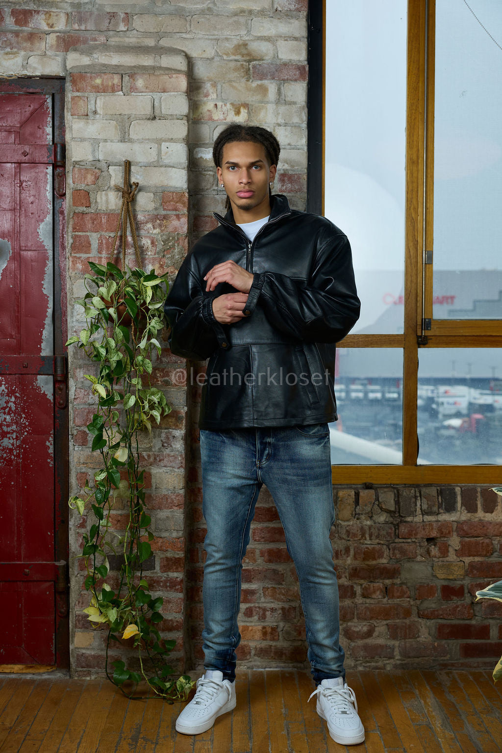 Men's Leather Half-Zip Pullover [Black]
