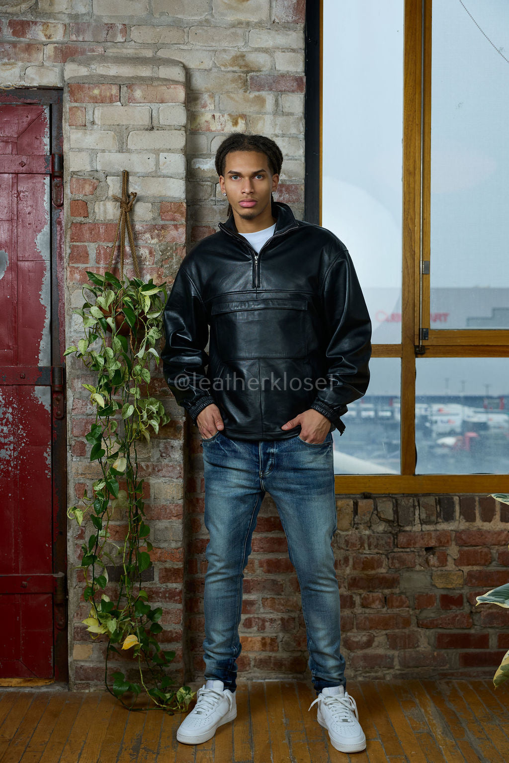 Men's Leather Half-Zip Pullover [Black]