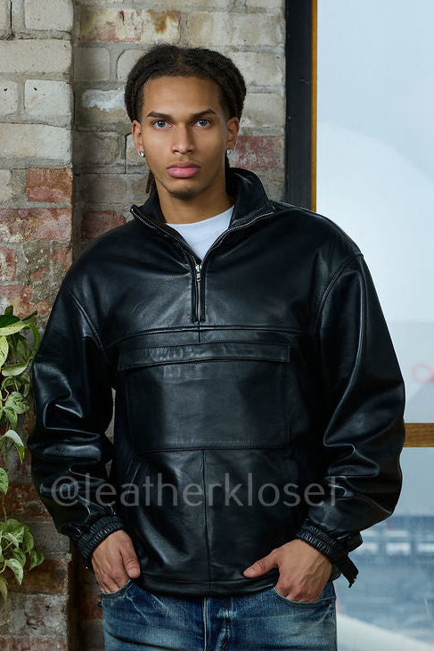Men's Leather Half-Zip Pullover [Black]