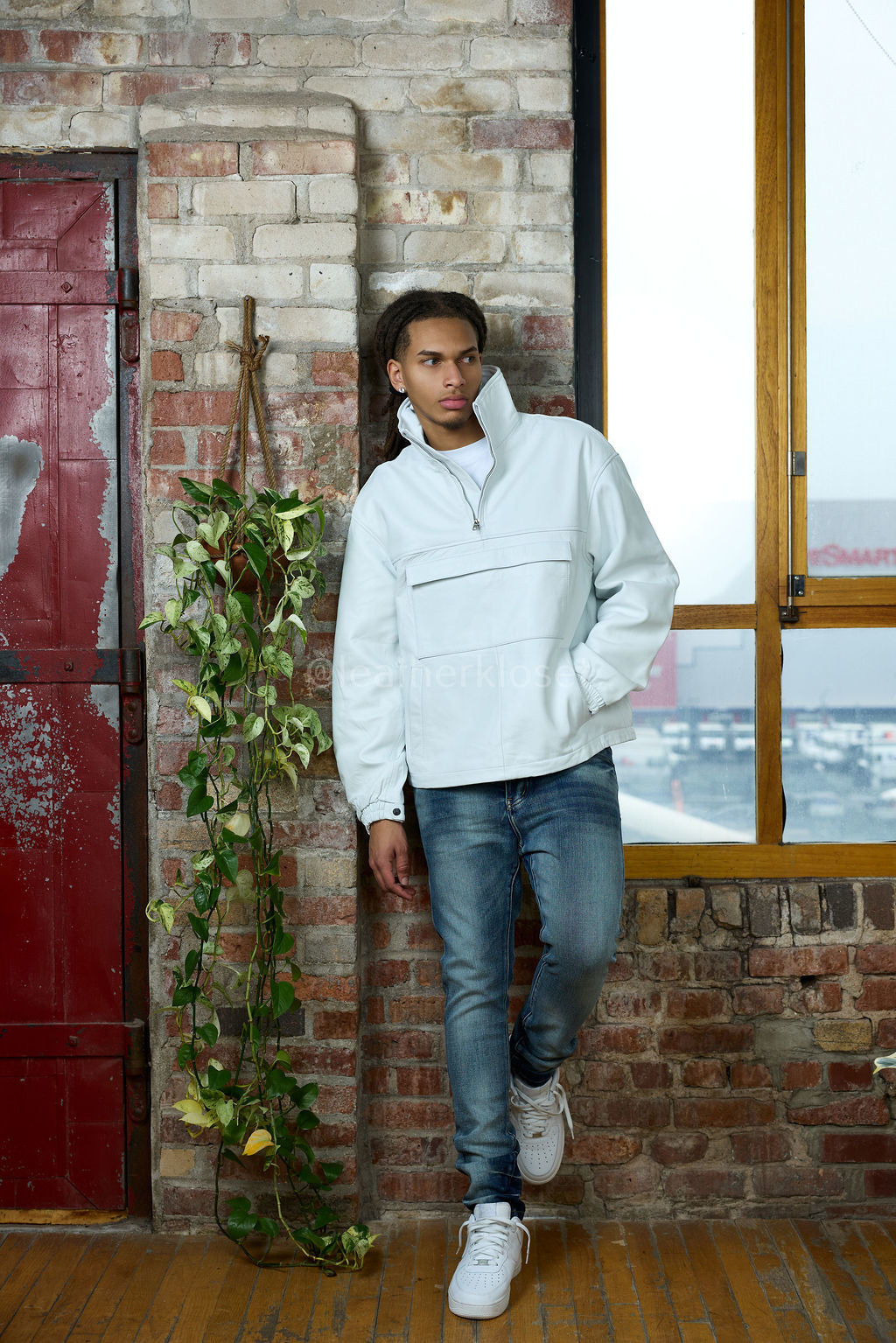 Men's Leather Half-Zip Pullover [White]