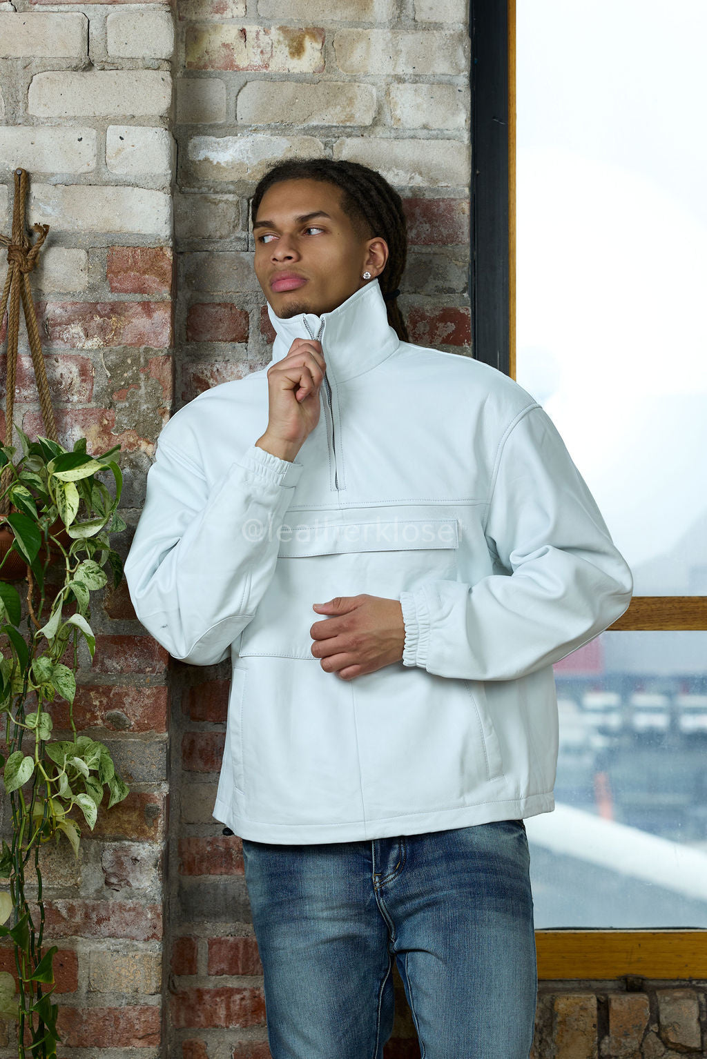 Men's Leather Half-Zip Pullover [White]