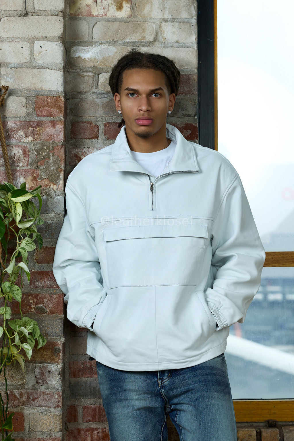 Men's Leather Half-Zip Pullover [White]