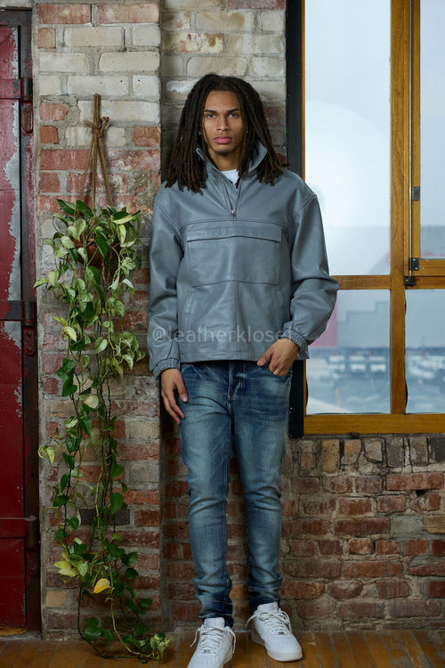 Men's Leather Half-Zip Pullover [Grey]