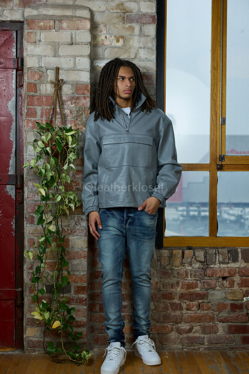 Men's Leather Half-Zip Pullover [Grey]