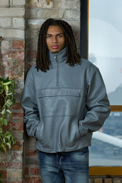 Men's Leather Half-Zip Pullover [Grey]