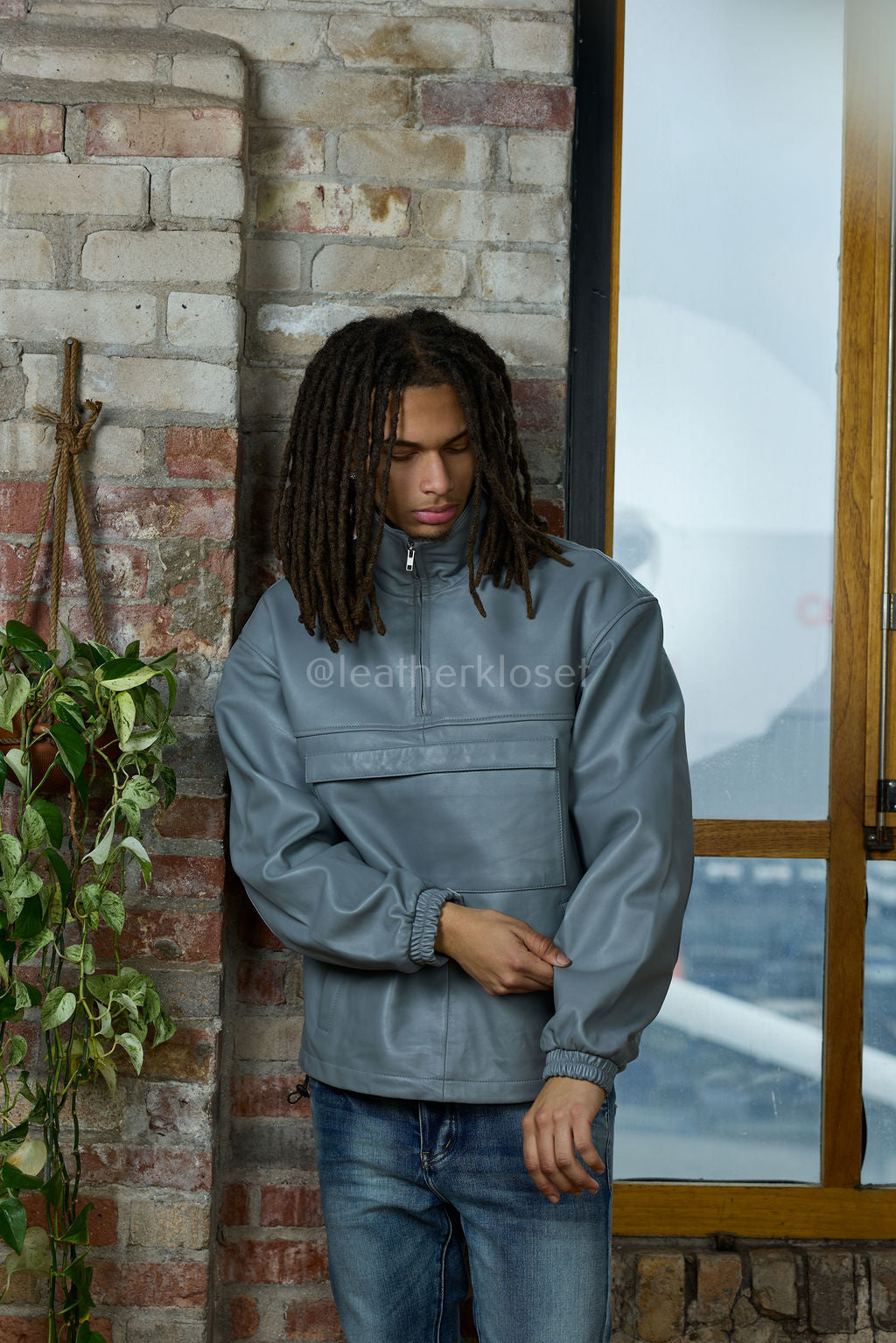 Men's Leather Half-Zip Pullover [Grey]