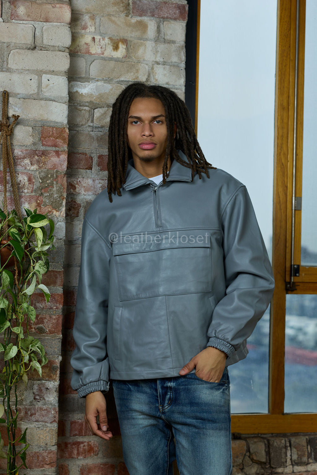 Men's Leather Half-Zip Pullover [Grey]