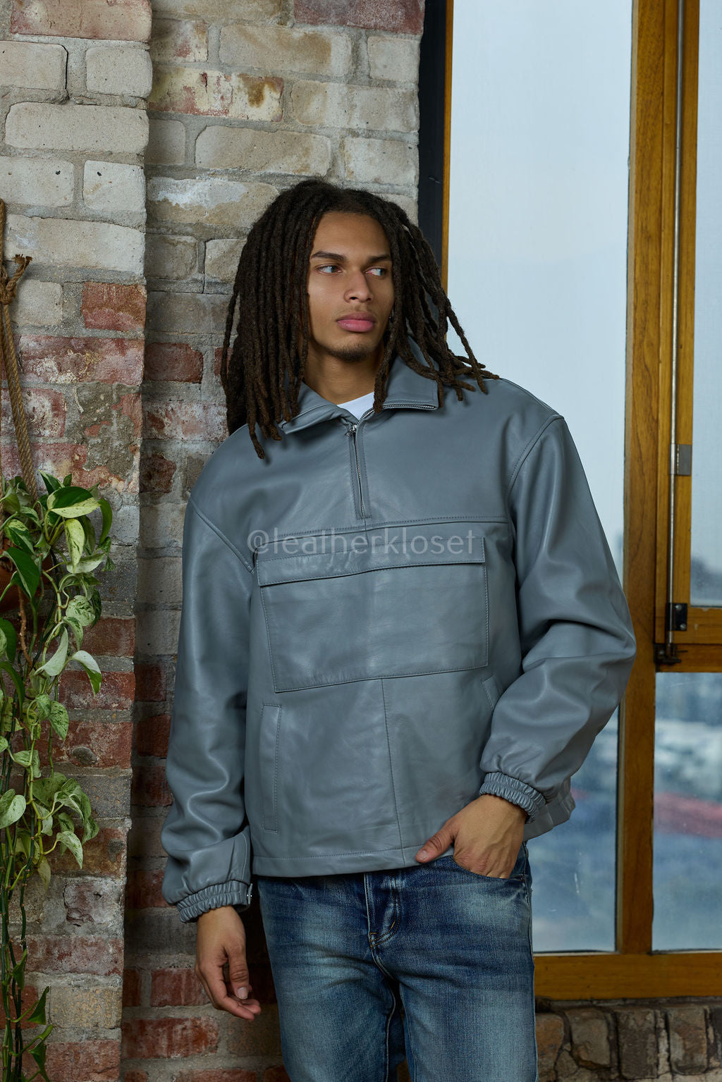 Men's Leather Half-Zip Pullover [Grey]