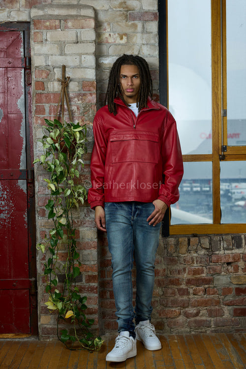 Men's Leather Half-Zip Pullover [Red]