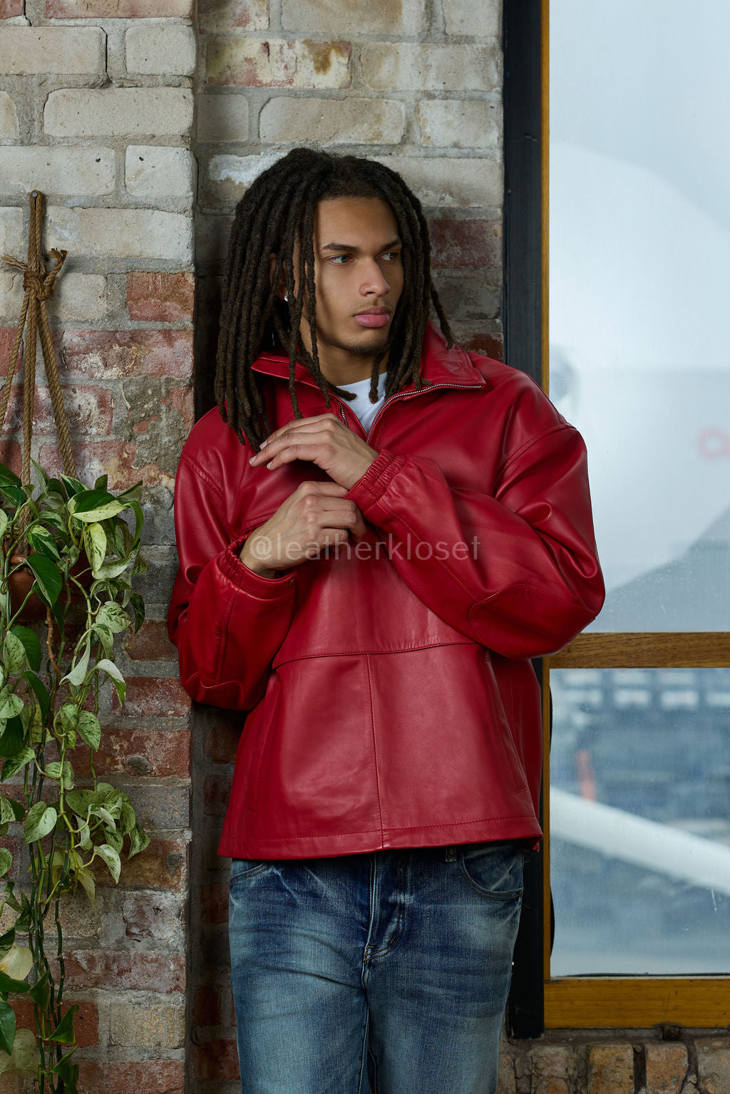 Men's Leather Half-Zip Pullover [Red]