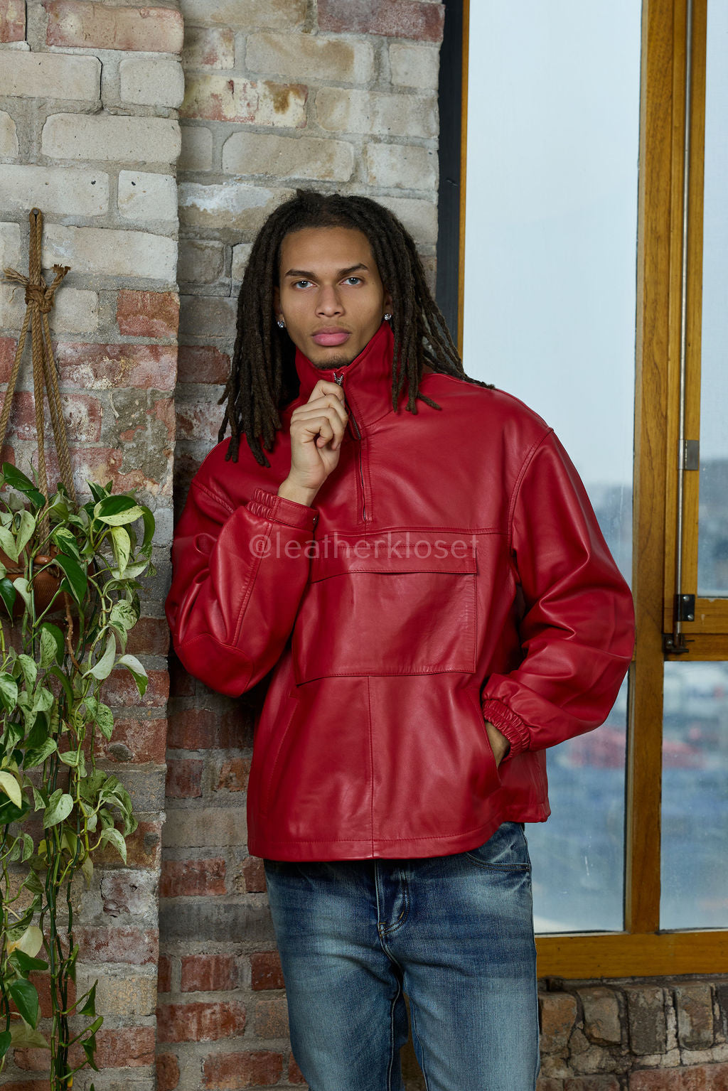 Men's Leather Half-Zip Pullover [Red]