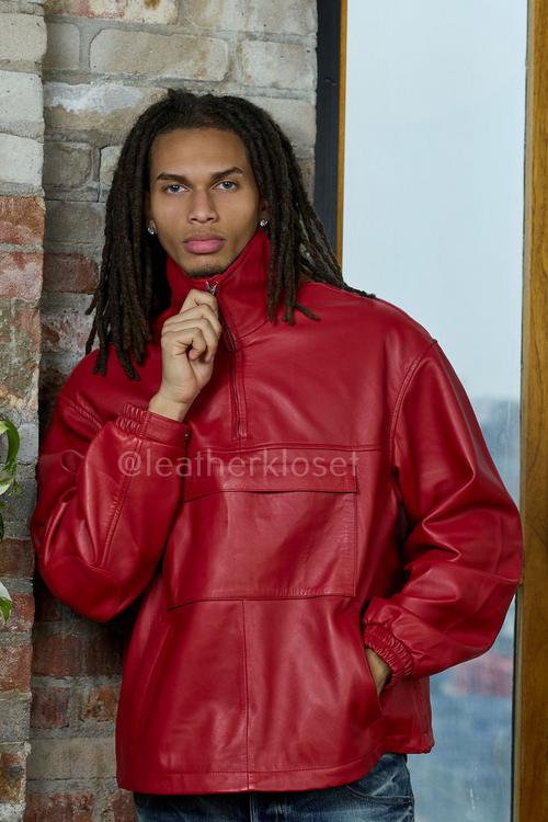 Men's Leather Half-Zip Pullover [Red]