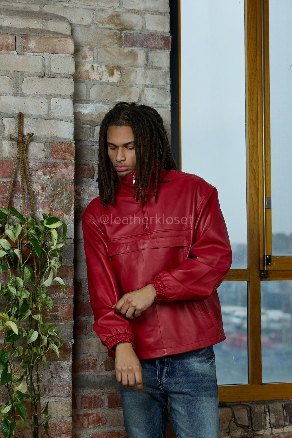 Men's Leather Half-Zip Pullover [Red]