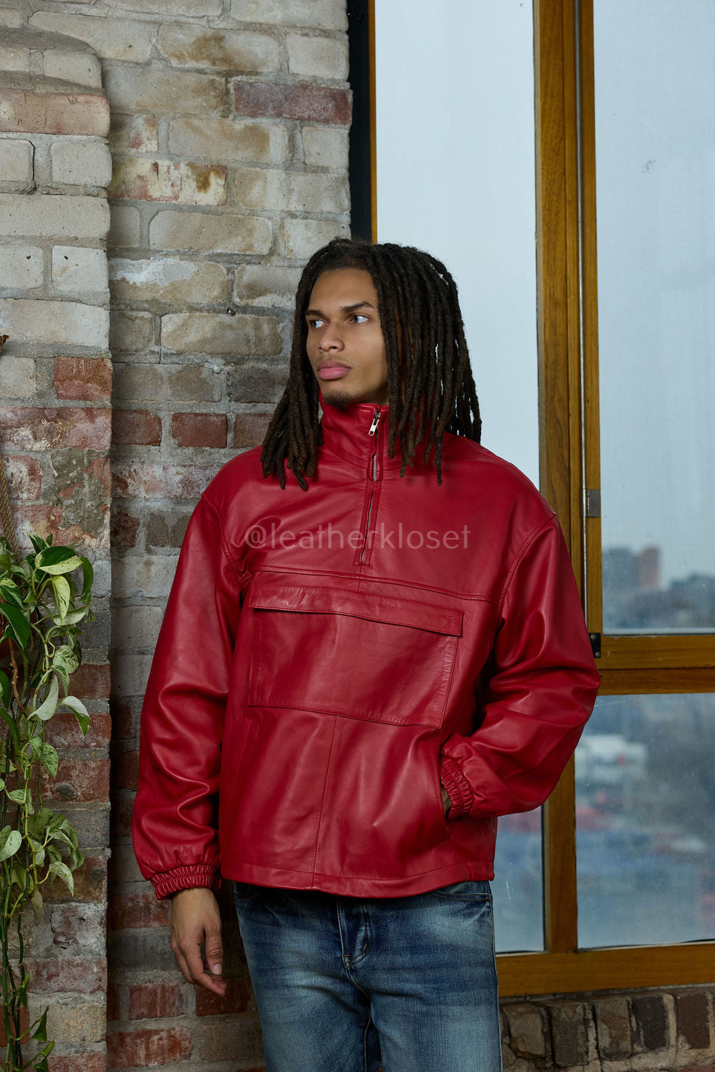 Men's Leather Half-Zip Pullover [Red]
