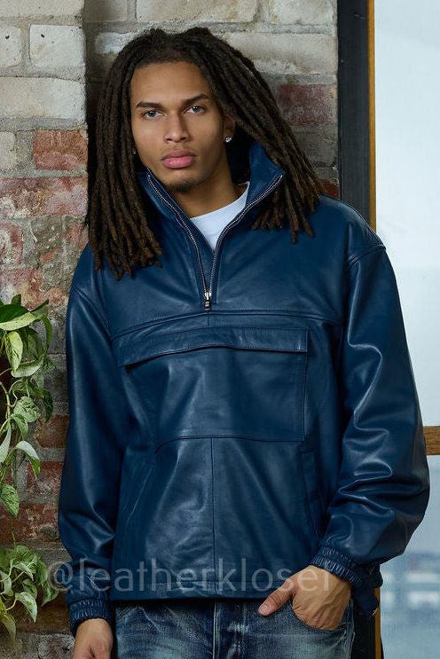 Men's Lambskin Leather Half-Zip Pullover — Navy