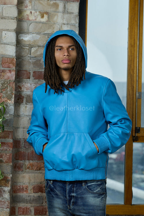 Men's Leather Pull-Over Hoodie [Baby Blue]