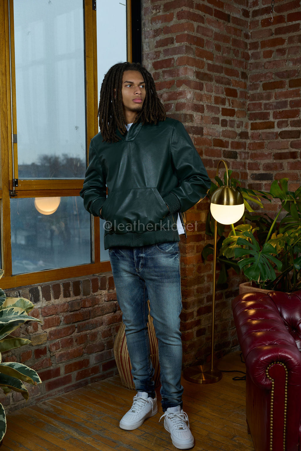 Men's Leather Pull-Over Hoodie [Forest Green]