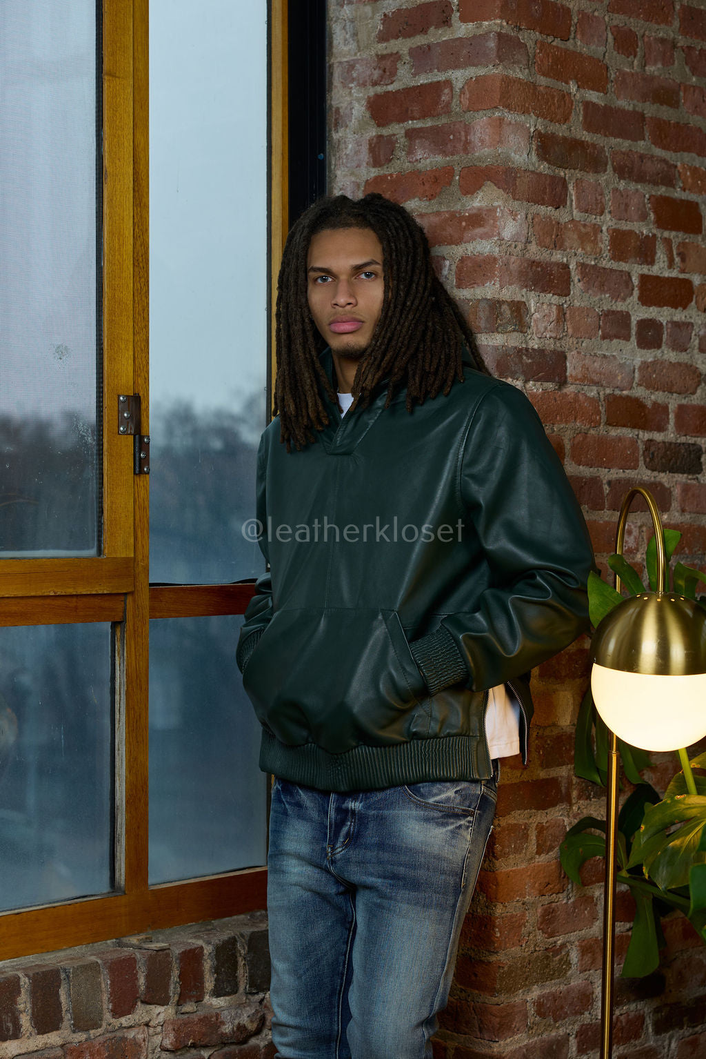 Men's Leather Pull-Over Hoodie [Forest Green]