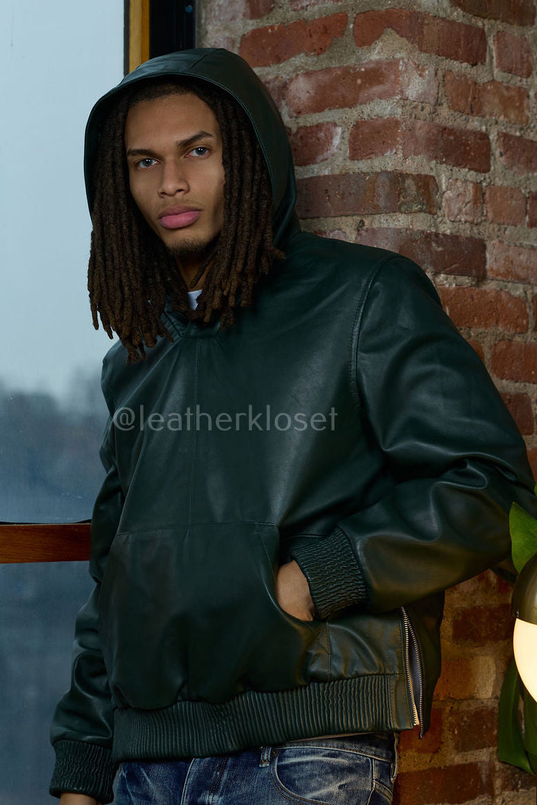 Men's Leather Pull-Over Hoodie [Forest Green]