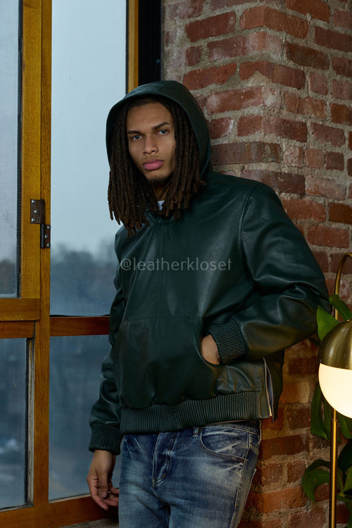 Men's Leather Pull-Over Hoodie [Forest Green]
