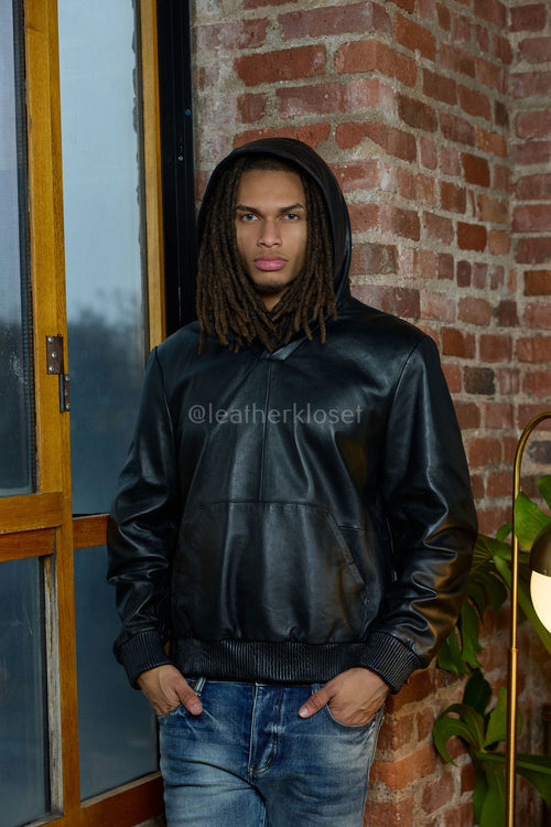 Men's Leather Pull-Over Hoodie [Black]
