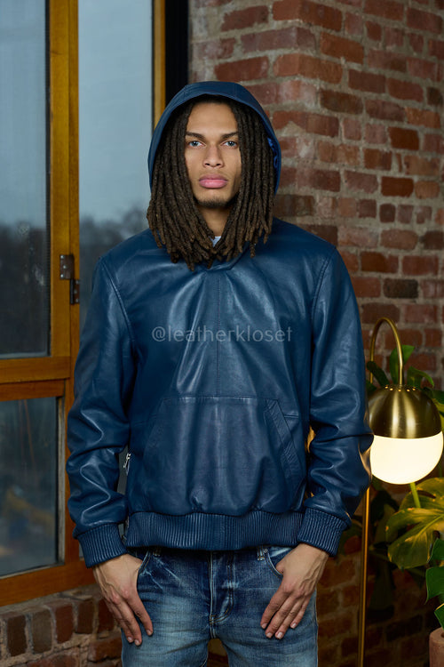 Men's Leather Pull-Over Hoodie [Navy]