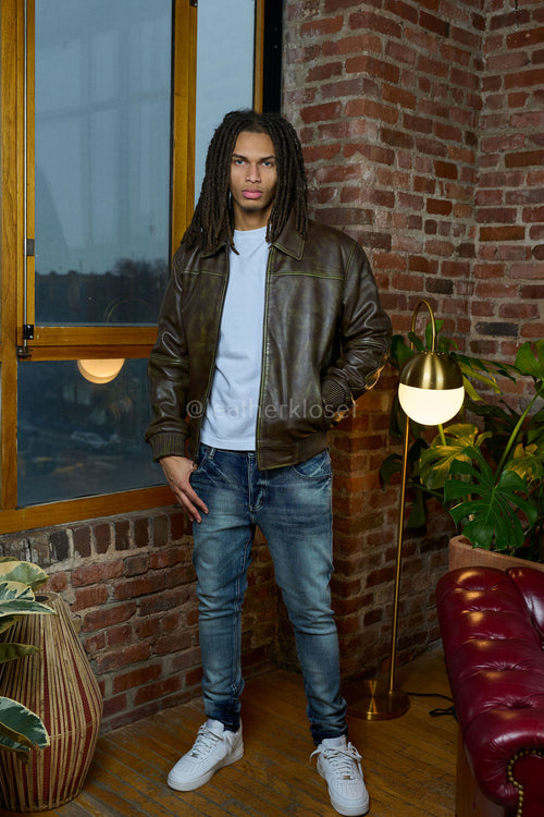 Men's Classic Baseball Leather Jacket With Collar [Distressed Green]