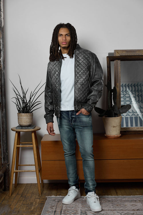 Men's Lucas Quilted Leather Bomber Jacket [Distressed Grey]
