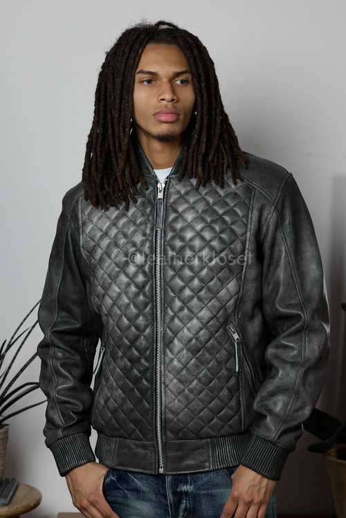 Men's Lucas Quilted Leather Bomber Jacket [Distressed Grey]