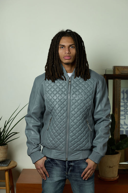 Men's Lucas Quilted Leather Bomber Jacket [Grey]