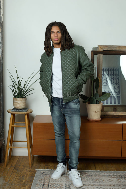 Men's Lucas Quilted Leather Bomber Jacket [Military Green]
