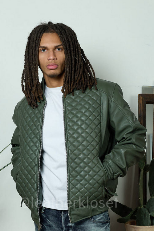 Men's Lucas Quilted Leather Bomber Jacket [Military Green]