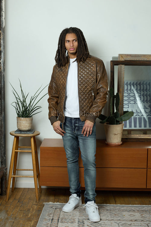 Men's Lucas Quilted Leather Bomber Jacket [Antique Brown]